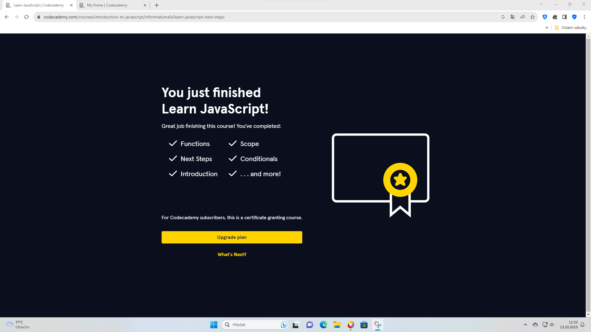 Náhled absolvování kurzu z Codeacademy