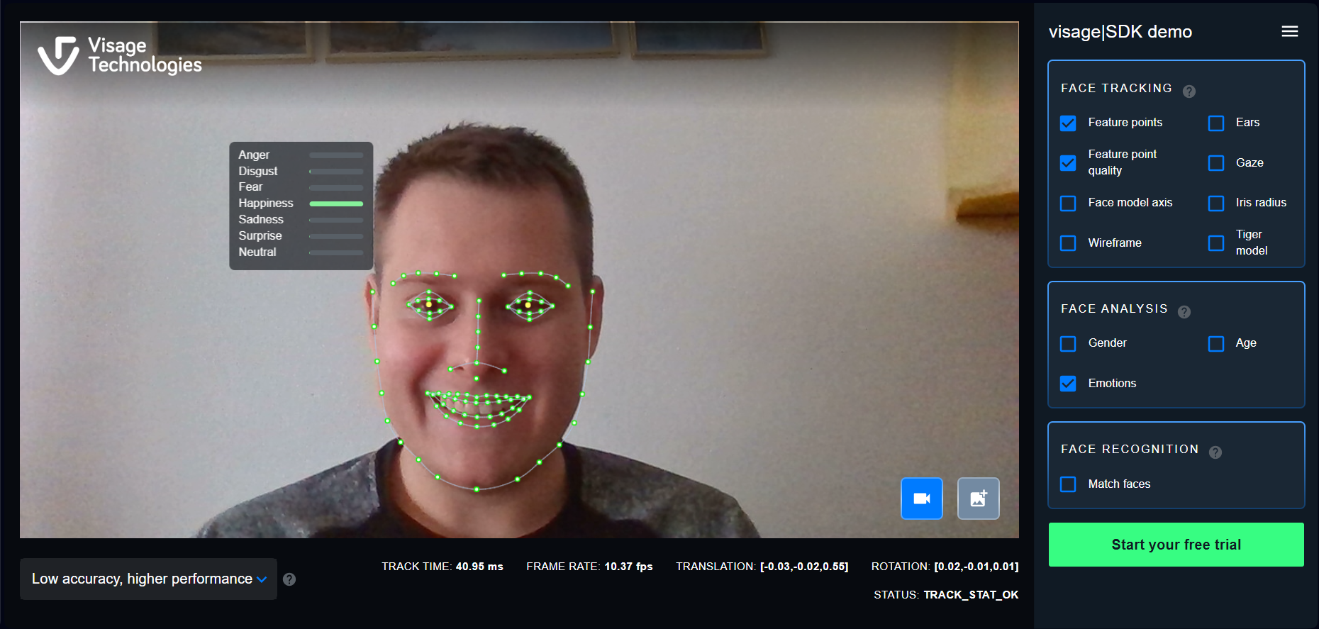 Obrázek během testování nástroje od společnosti Visage Technologies 