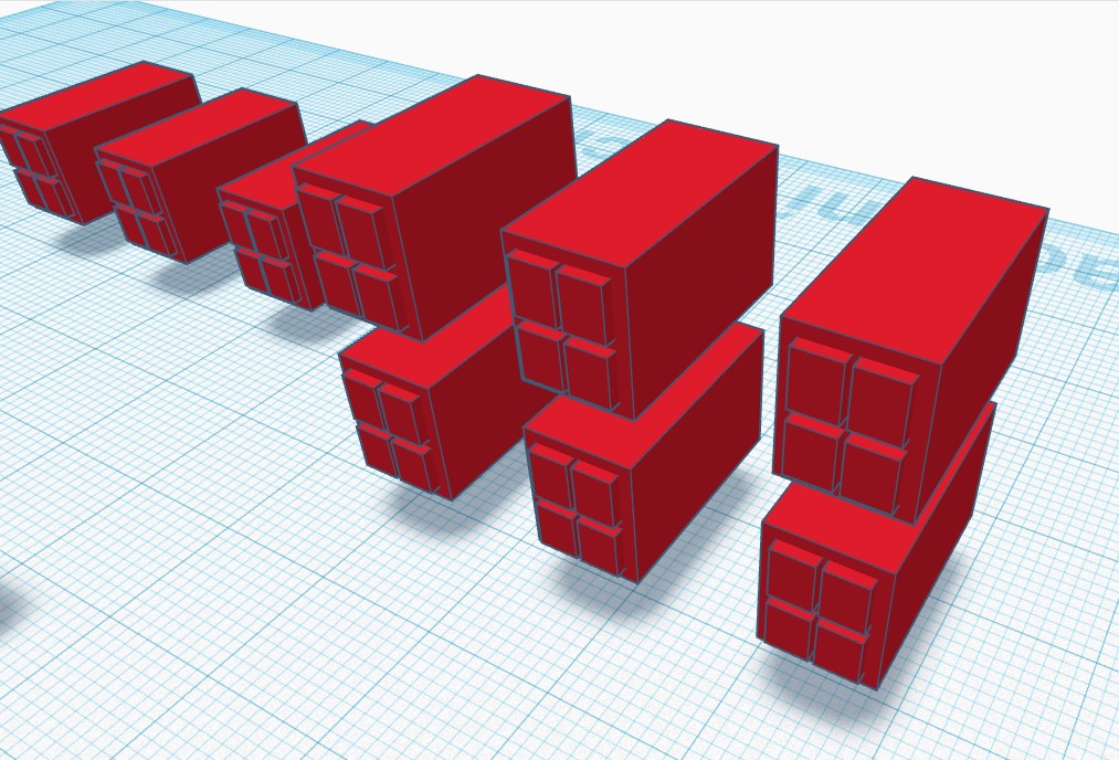 Obrázek z Tinkercad, objekty určené k odečtení, abych docílil výřezu definujících okna. Stejným způsobem byly vytvořeny i vstupní dveře.